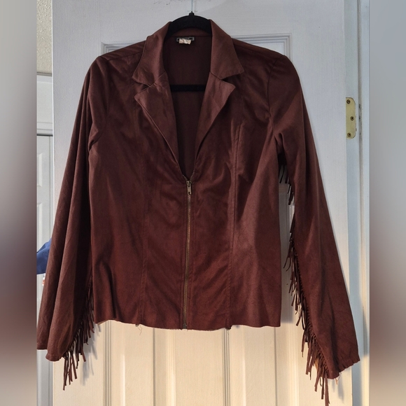 Vintage Vixen Brown Faux Suede Fringe Western Zip Jacket L Cowgirl Boho Fedtival - Picture 2 of 10